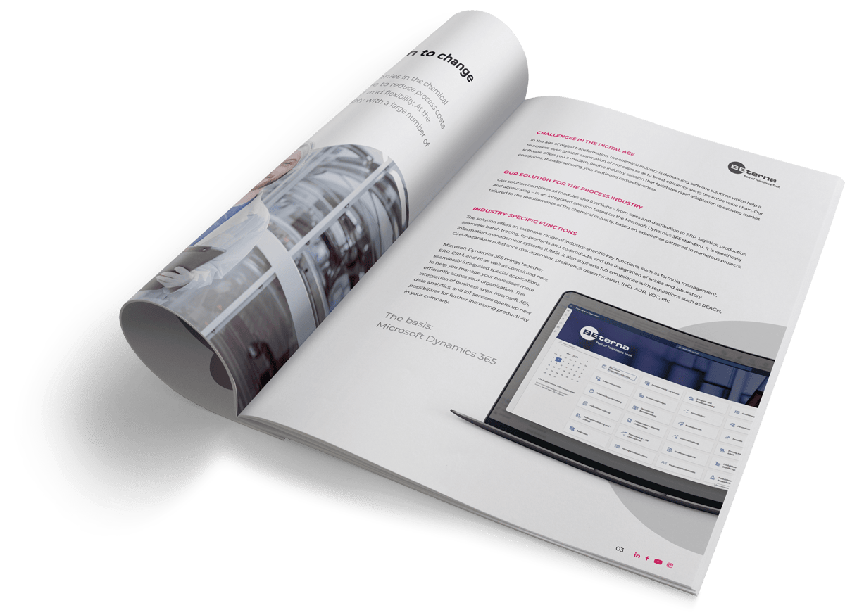 An open BE-TERNA brochure featuring industry-specific ERP solutions for the chemical sector, highlighting Microsoft Dynamics 365 capabilities with a laptop screen displaying the software interface.